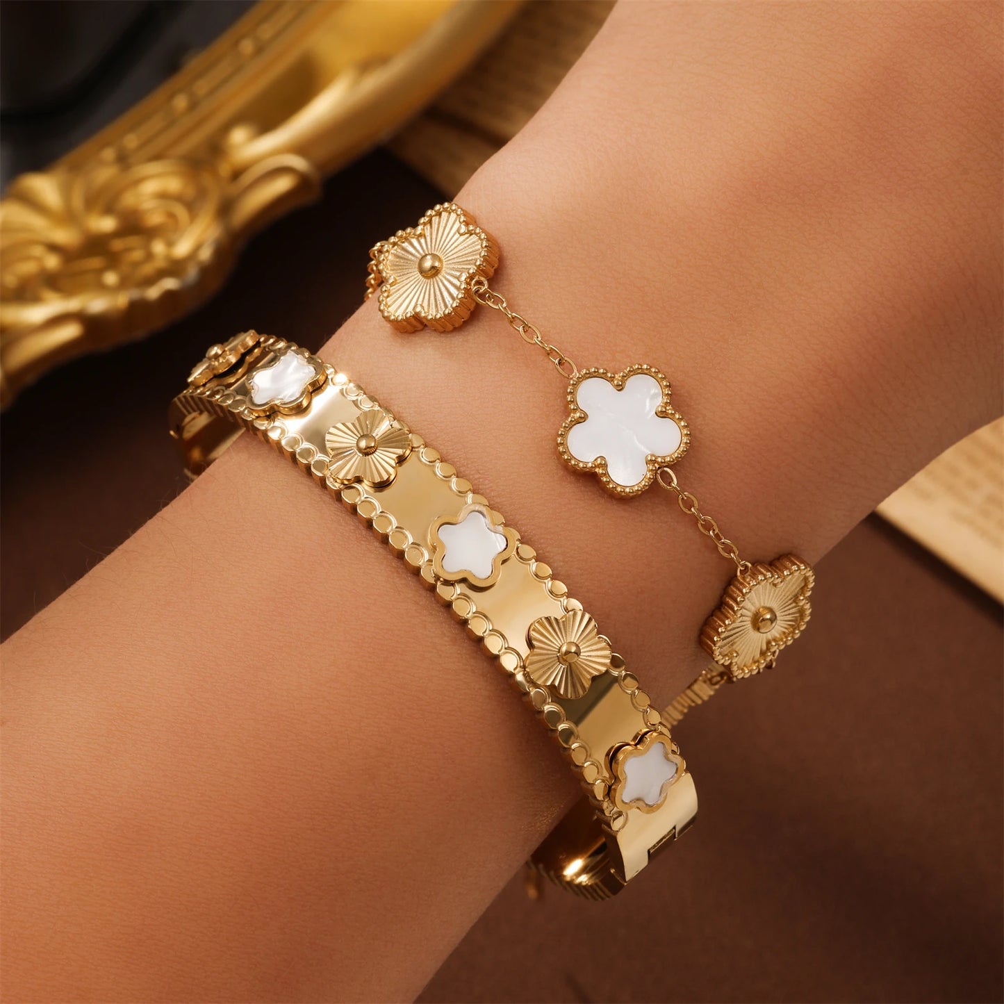 RAKOL 316 Stainless Steel Hot Selling Gold Plated Clover Charm Bracelet Luxury Five Leaf Flower Bracelets Jewelry For Women Gift